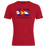 The Canterbury Colorado CCC Flag Club T-shirt by WRS Canterbury features a bold CCC logo with a Colorado flag design and "canterbury" printed below—ideal for fans of Colorado flag shirts.