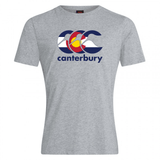 The WRS Canterbury Colorado CCC Flag Club T-shirt features a grey design with a stylized "CCC" logo, mountain and sun graphics, and "canterbury" text—ideal for Canterbury rugby fans or anyone wanting a Colorado flag shirt look.