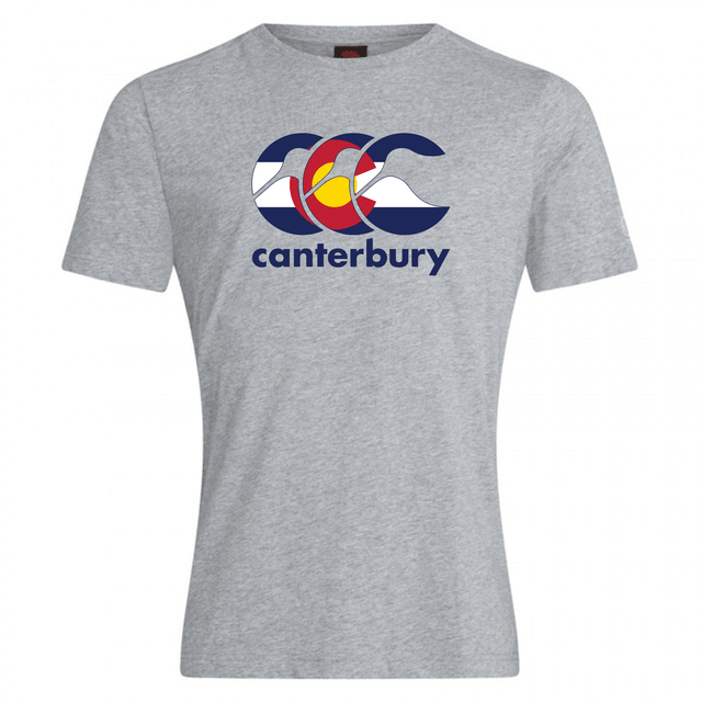 The WRS Canterbury Colorado CCC Flag Club T-shirt features a grey design with a stylized "CCC" logo, mountain and sun graphics, and "canterbury" text—ideal for Canterbury rugby fans or anyone wanting a Colorado flag shirt look.