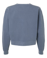 The EMB S&S Activewear Women's USA Rugby Throwback Mid-Length Crewneck Sweatshirt is shown from the back in blue with long sleeves against a white background.