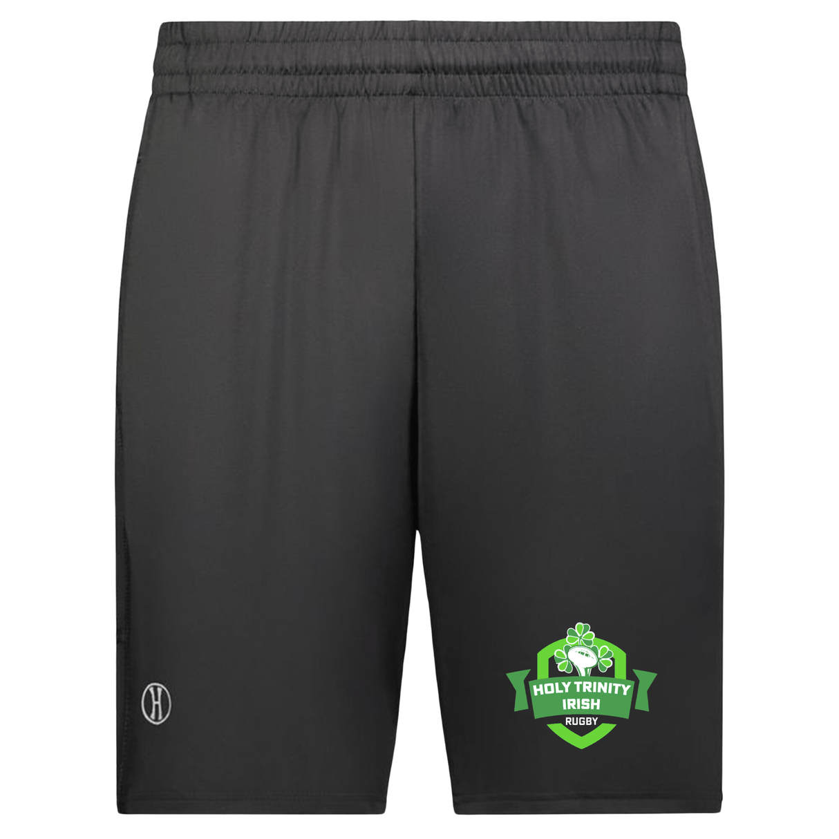 Black athletic shorts featuring moisture-wicking technology, with a green and white "Holy Trinity Rugby CoolCore Pocketed Gym Shorts" logo on the left leg, by WRS Augusta Sportswear.