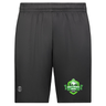 Black athletic shorts featuring moisture-wicking technology, with a green and white "Holy Trinity Rugby CoolCore Pocketed Gym Shorts" logo on the left leg, by WRS Augusta Sportswear.
