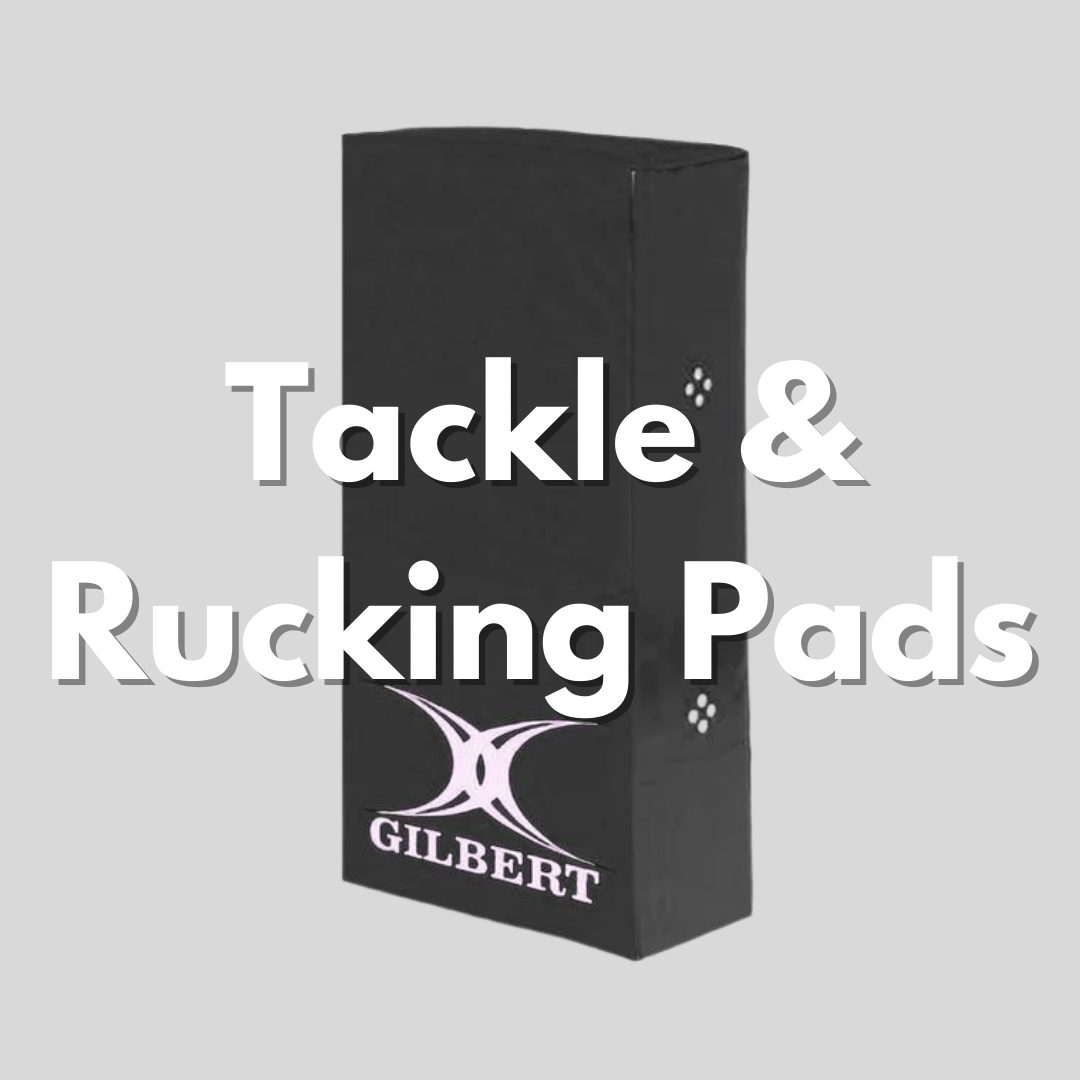 Floating Rugby tackle pad with tackle & rucking pads text layed over top