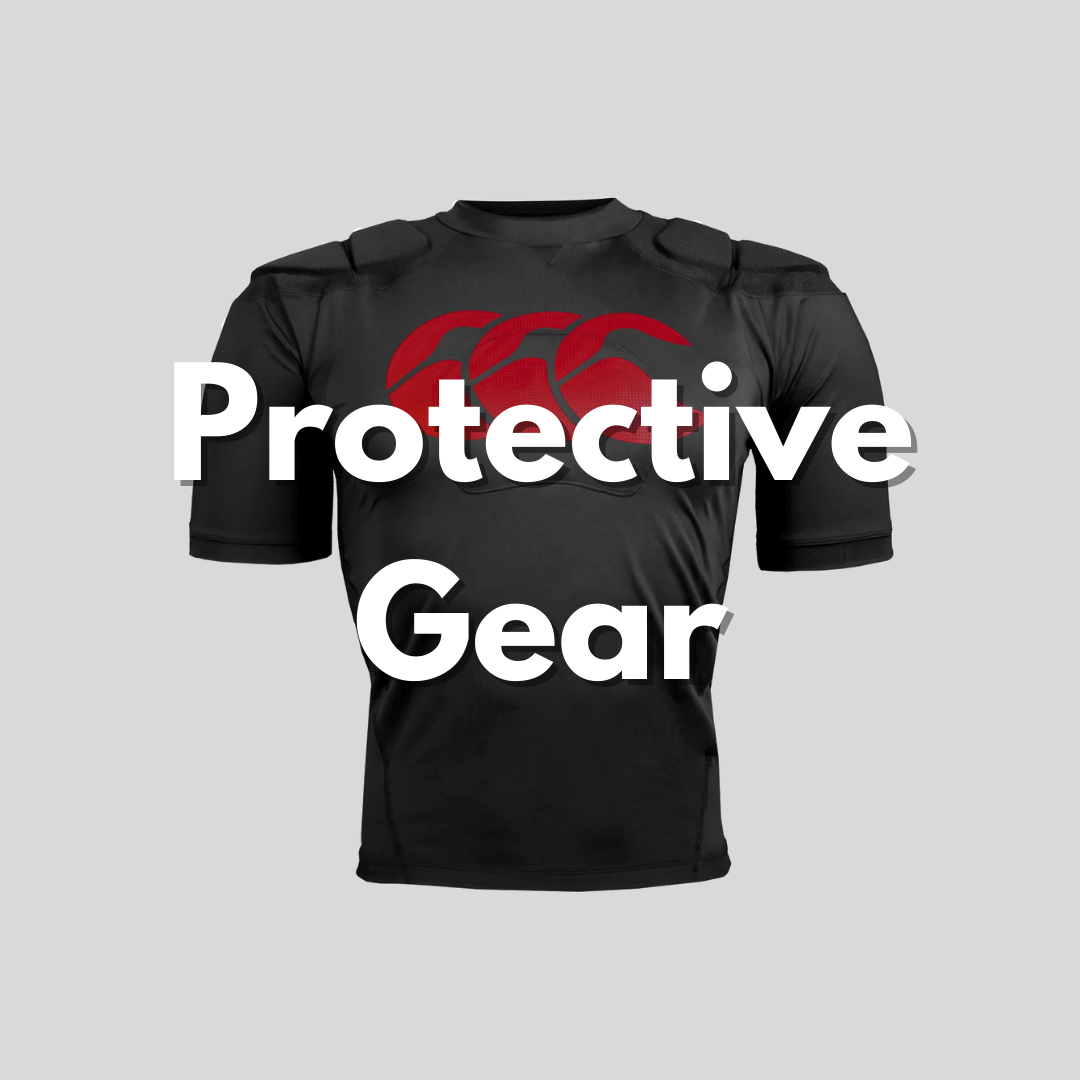 Floating Rugby shoulder pads with protective gear text layed over top