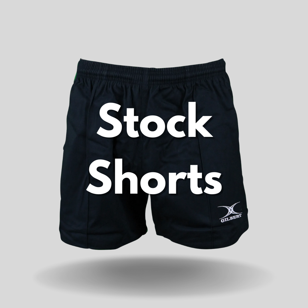 Floating Rugby short with Stock Shorts text layed over top