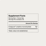 Momentous Creatine by Momentous: Supplement facts label lists a 5g scoop serving size, 90 servings per container, each with 5g Creapure creatine monohydrate to support muscle growth. Daily value not established.