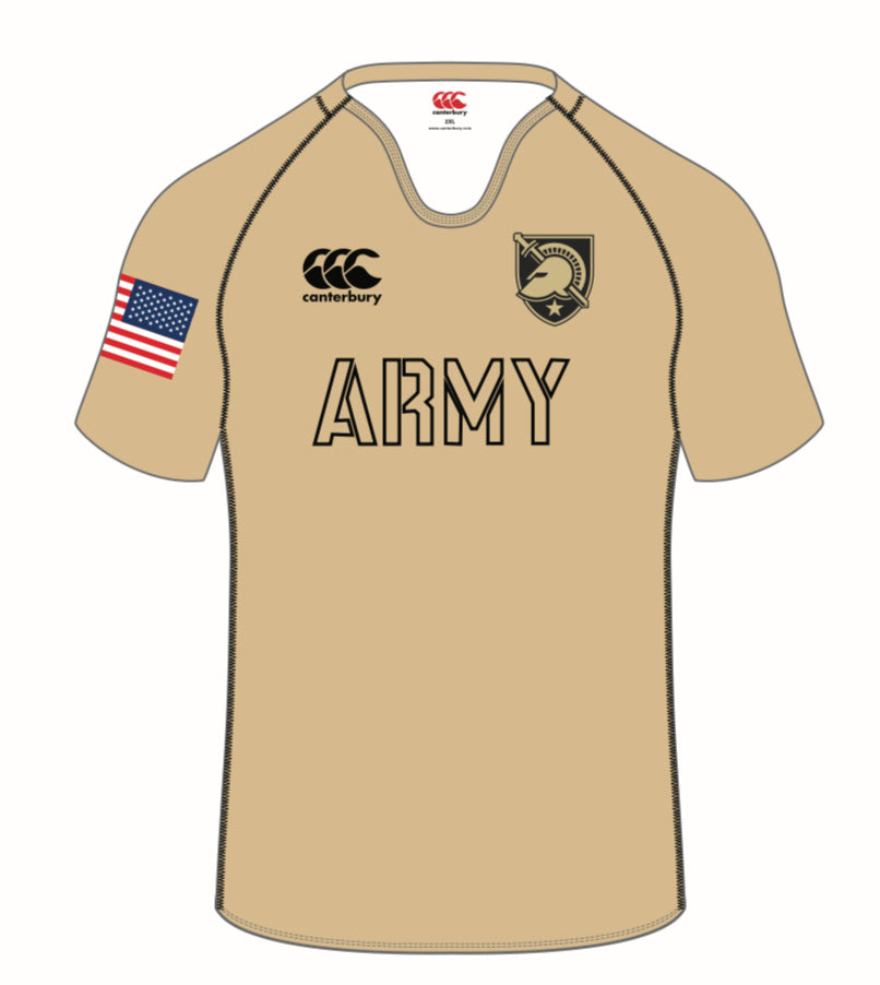 The West Point Gold CCC Ihi Regular Fit Replica Jersey by Custom CCC MUD features a tan design with "ARMY" on the front, an American flag on the left sleeve, and a black and gold crest on the right chest.