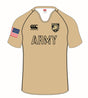 The West Point Gold CCC Ihi Regular Fit Replica Jersey by Custom CCC MUD features a tan design with "ARMY" on the front, an American flag on the left sleeve, and a black and gold crest on the right chest.