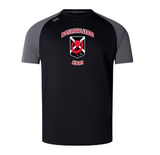 The Denver Highlanders RFC Elite Training Tee by WRS Canterbury is a black and gray shirt featuring the "Denver Highlanders Rugby" logo on the chest, crafted with Vapodri fabrics for optimal performance.