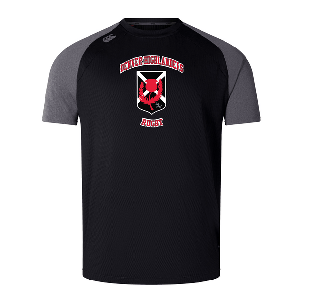 The Denver Highlanders RFC Elite Training Tee by WRS Canterbury is a black and gray shirt featuring the "Denver Highlanders Rugby" logo on the chest, crafted with Vapodri fabrics for optimal performance.