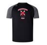 The Denver Highlanders RFC Elite Training Tee by WRS Canterbury is a black and gray shirt featuring the "Denver Highlanders Rugby" logo on the chest, crafted with Vapodri fabrics for optimal performance.