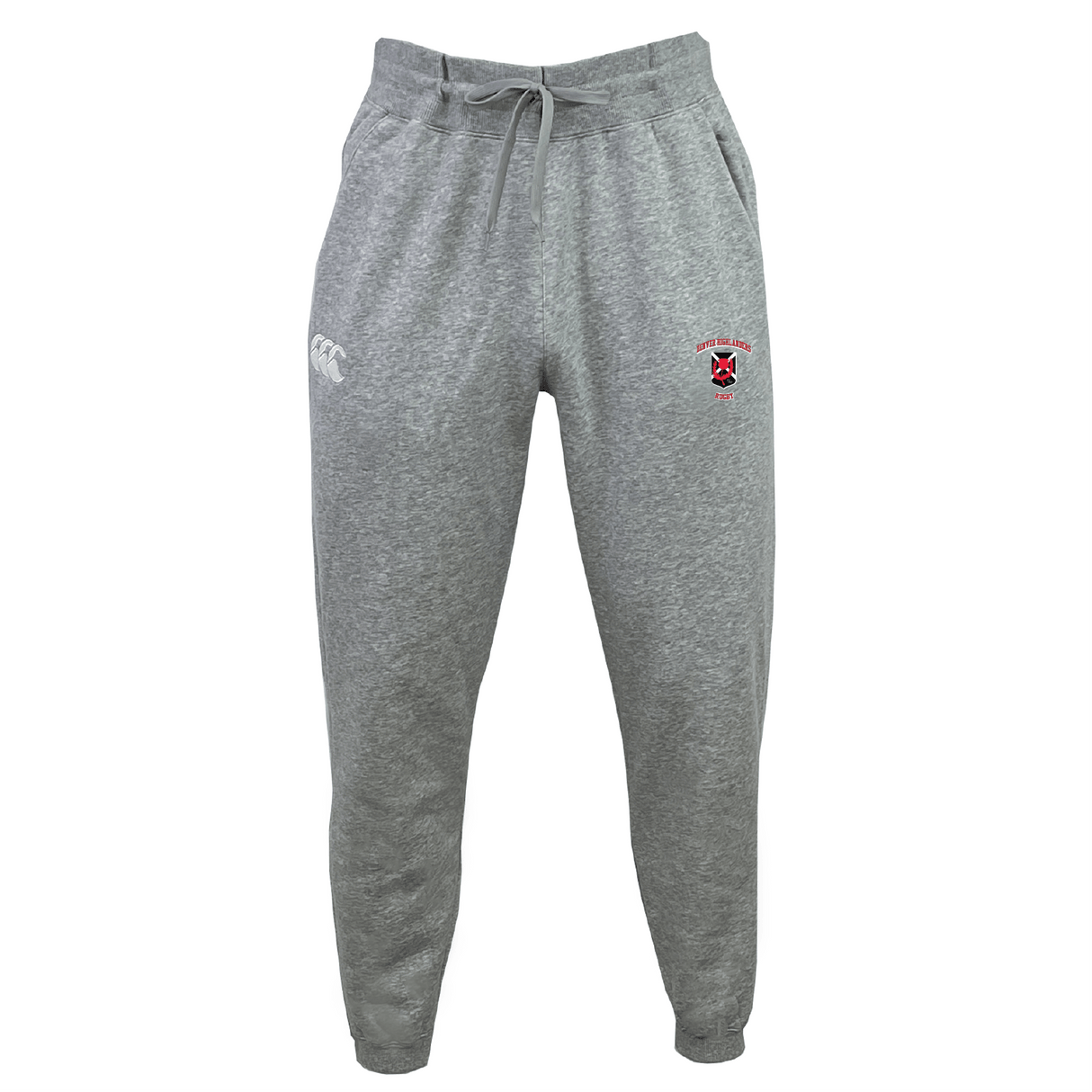 The Denver Highlanders RFC Leisure Sweatpant by EMB Canterbury boasts an elastic waistband, drawstring, and logo on the right side, made from sustainable materials for eco-friendly comfort.