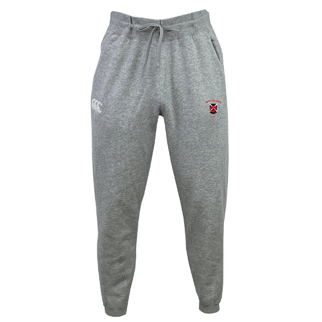 The Denver Highlanders RFC Leisure Sweatpant by EMB Canterbury boasts an elastic waistband, drawstring, and logo on the right side, made from sustainable materials for eco-friendly comfort.