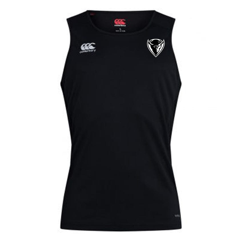 Introducing the DePaul University Club Dry Singlet by Canterbury, a stylish black sleeveless athletic top adorned with a white stylized animal head logo on the left chest and the prestigious EMB Canterbury brand logo on the right. Part of the esteemed Canterbury Club Dry singlet line, it features advanced Vapodri Technology to ensure you stay cool and comfortable.