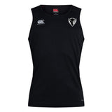 Introducing the DePaul University Club Dry Singlet by Canterbury, a stylish black sleeveless athletic top adorned with a white stylized animal head logo on the left chest and the prestigious EMB Canterbury brand logo on the right. Part of the esteemed Canterbury Club Dry singlet line, it features advanced Vapodri Technology to ensure you stay cool and comfortable.