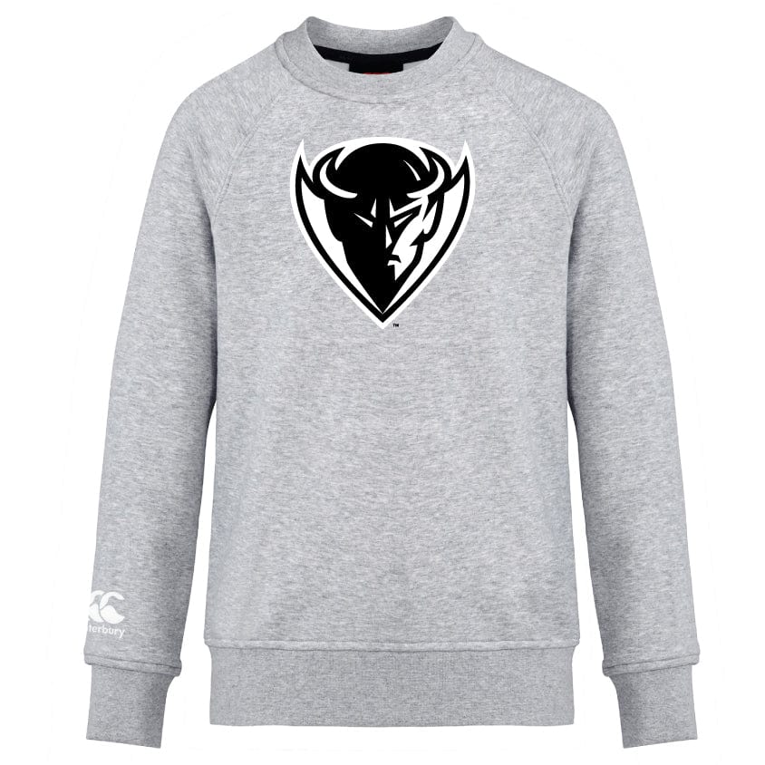 The DePaul University Club Crew Sweatshirt by WRS Canterbury features a stylized bull's head logo on the front and is complemented by an embroidered CCC logo on the left sleeve.