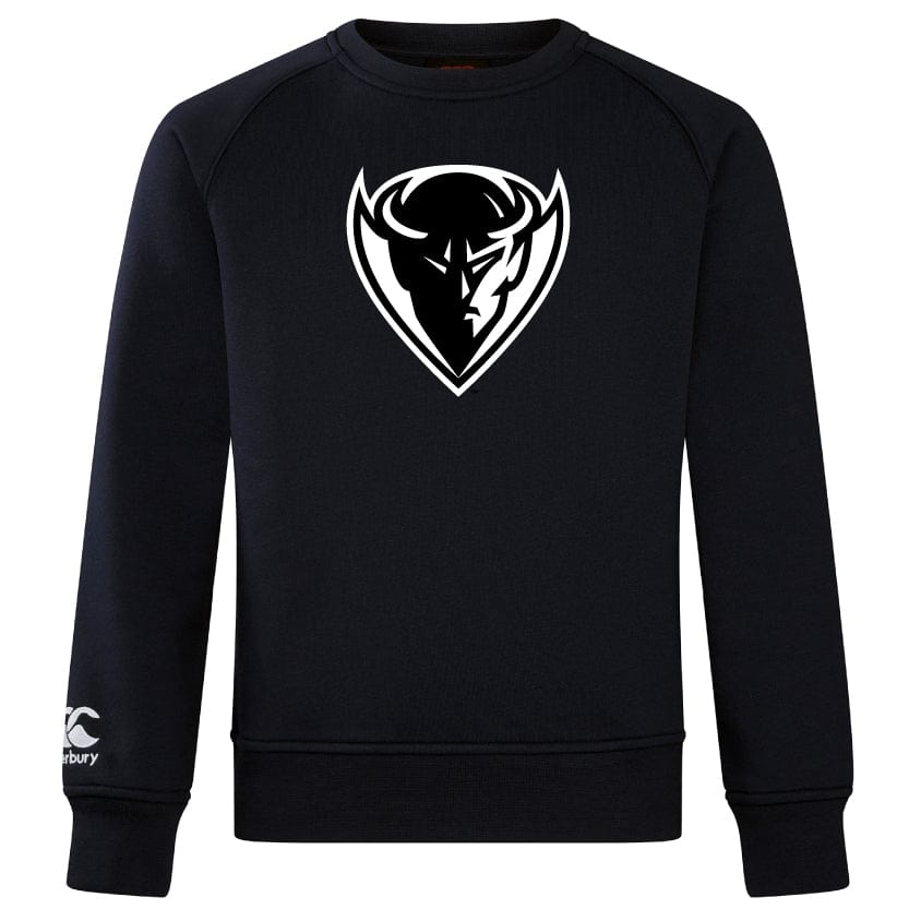 The DePaul University Club Crew Sweatshirt by WRS Canterbury is an ultra-soft black sweatshirt featuring a stylized white bull head logo on the front and an embroidered CCC logo on the left sleeve.