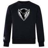 The DePaul University Club Crew Sweatshirt by WRS Canterbury is an ultra-soft black sweatshirt featuring a stylized white bull head logo on the front and an embroidered CCC logo on the left sleeve.