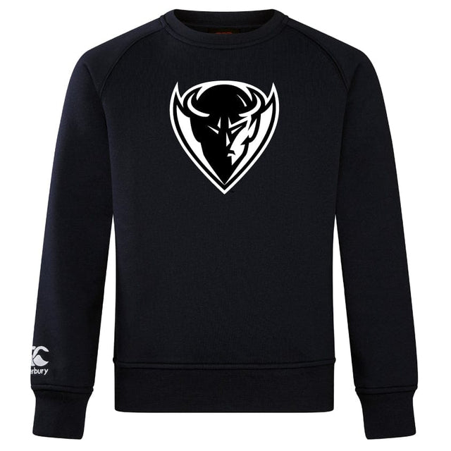 The DePaul University Club Crew Sweatshirt by WRS Canterbury is an ultra-soft black sweatshirt featuring a stylized white bull head logo on the front and an embroidered CCC logo on the left sleeve.