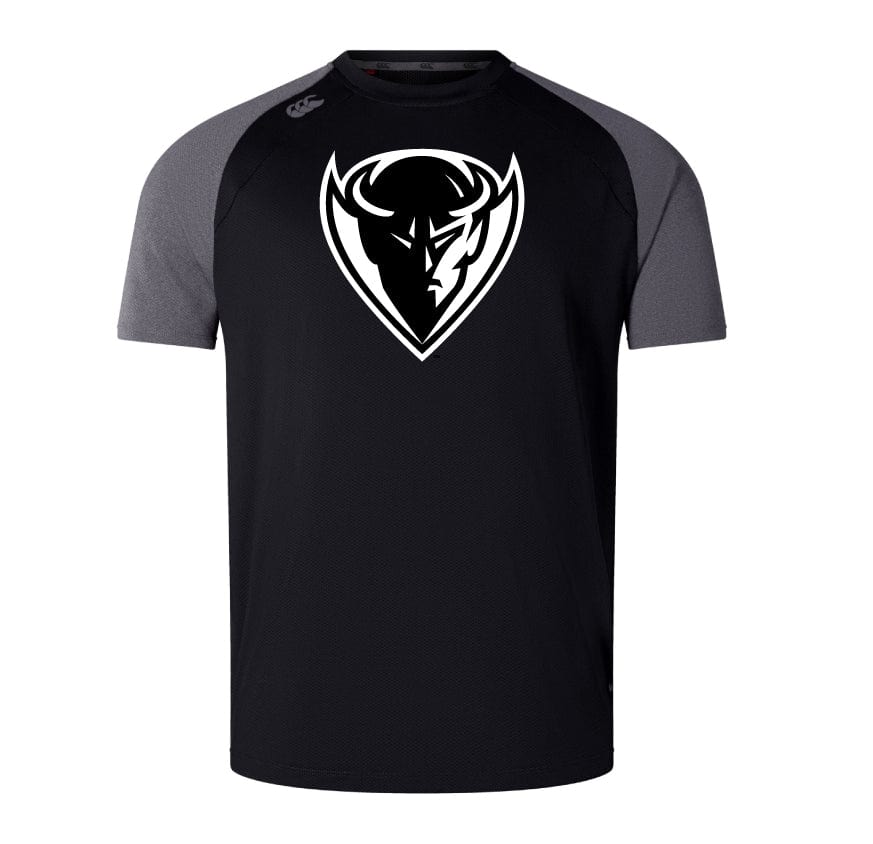 The DePaul University Elite Training Tee by WRS Canterbury is a black and gray short-sleeve lightweight tee featuring a stylized bull CCC logo on the front, crafted with advanced Vapodri fabrics for optimal performance.