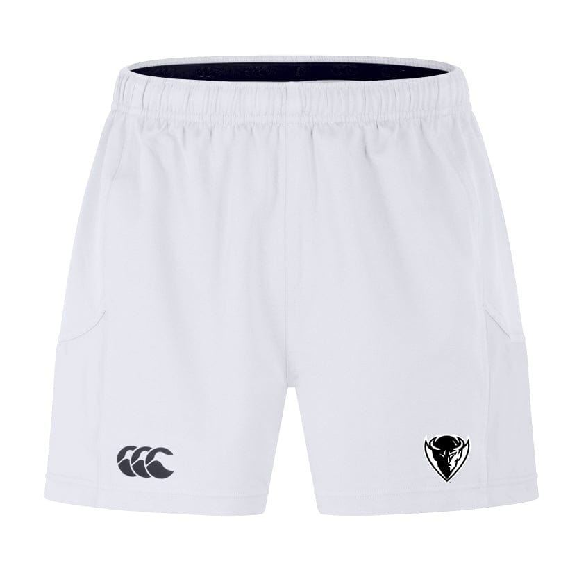 The DePaul University Advantage Short 2.0 by EMB Canterbury sports shorts have two logos on the front—one on the left leg and one on the right leg—and are crafted with recycled content for ultimate performance.