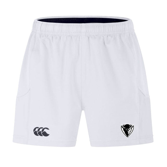 The DePaul University Advantage Short 2.0 by EMB Canterbury sports shorts have two logos on the front—one on the left leg and one on the right leg—and are crafted with recycled content for ultimate performance.