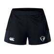 DePaul University Advantage Short 2.0 by EMB Canterbury athletic shorts feature a Canterbury logo on the left leg and a bull's head emblem on the right leg, designed for those who value performance and sustainable sportswear.