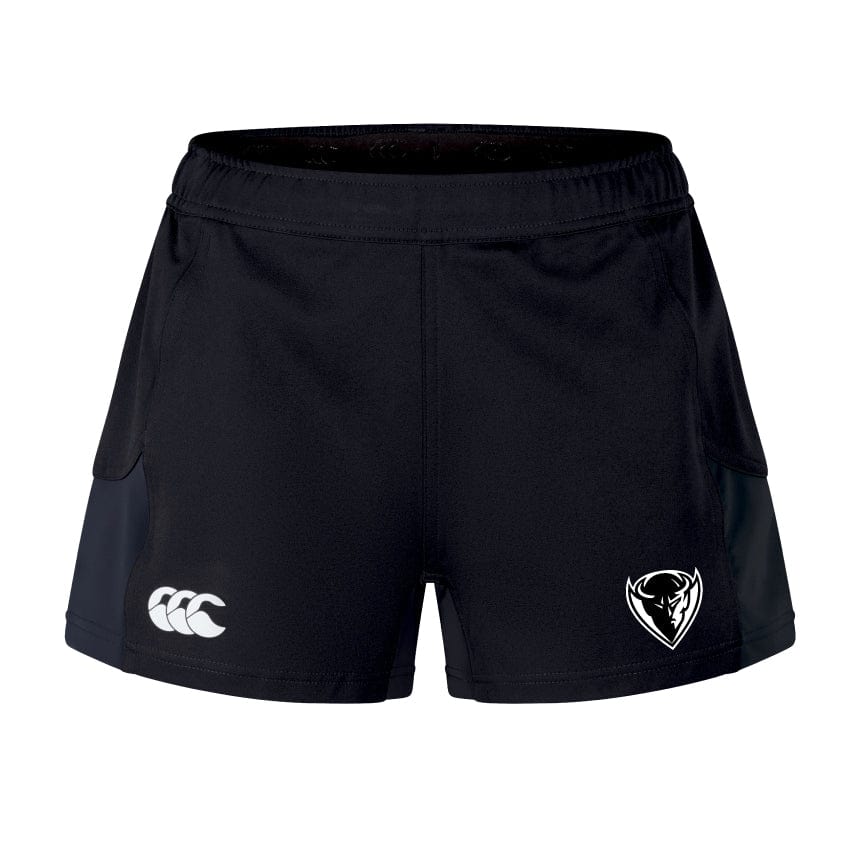 DePaul University Advantage Short 2.0 by EMB Canterbury athletic shorts feature a Canterbury logo on the left leg and a bull's head emblem on the right leg, designed for those who value performance and sustainable sportswear.
