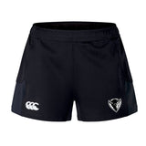 DePaul University Advantage Short 2.0 by EMB Canterbury athletic shorts feature a Canterbury logo on the left leg and a bull's head emblem on the right leg, designed for those who value performance and sustainable sportswear.
