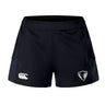 DePaul University Advantage Short 2.0 by EMB Canterbury athletic shorts feature a Canterbury logo on the left leg and a bull's head emblem on the right leg, designed for those who value performance and sustainable sportswear.