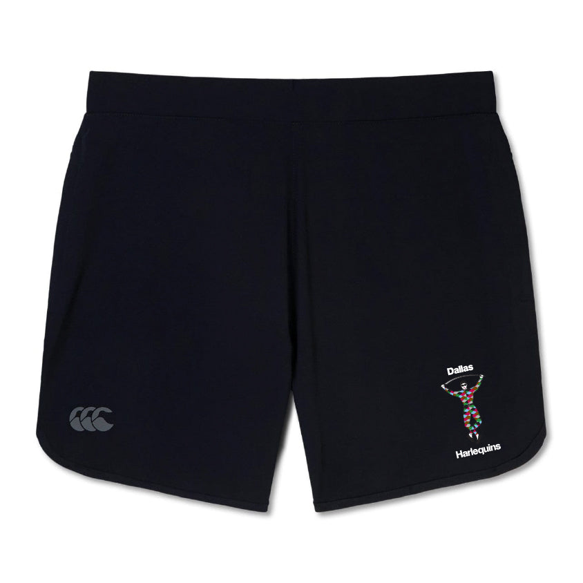 The Dallas Harlequins Women's Elite Woven Short by Canterbury, from EMB Canterbury, features a small left-leg logo and a multicolored Dallas Harlequins emblem on the right—ideal for training or gym sessions.