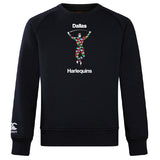 The Dallas Harlequins Club Crew Sweatshirt by Canterbury from WRS Canterbury is black, featuring a multicolored harlequin figure with "Dallas" above, "Harlequins" below, and an embroidered CCC logo on the sleeve.