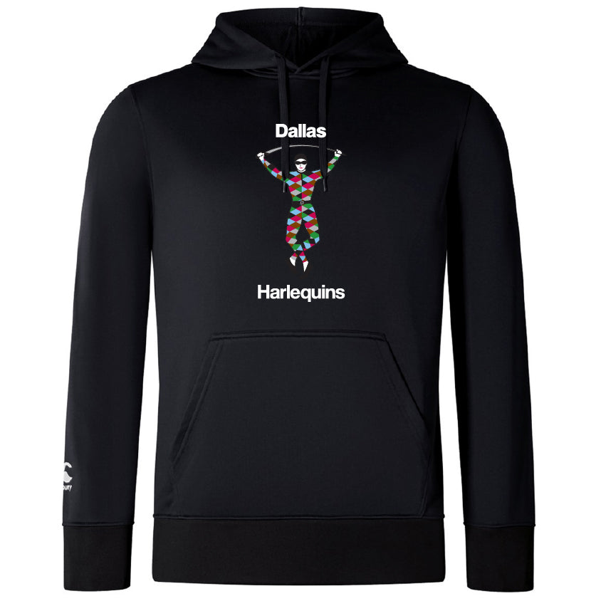 The Dallas Harlequins Club Lightweight Hoodie by Canterbury features a colorful harlequin figure between "Dallas" and "Harlequins," a kangaroo pocket, lightweight polyester hood, and WRS Canterbury branding.