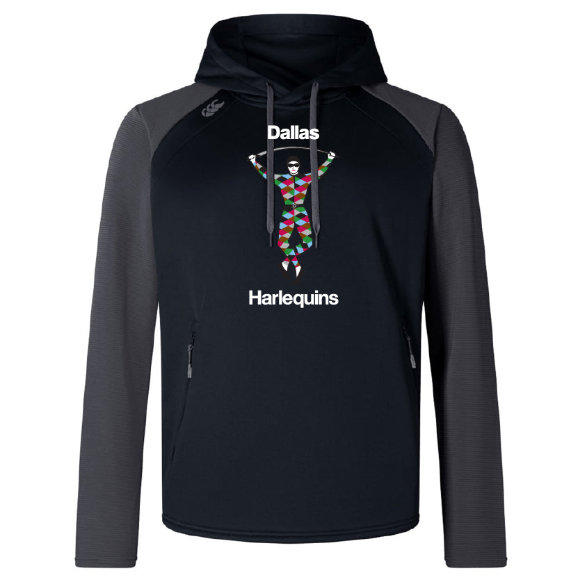 The Dallas Harlequins Elite Training Hoody by WRS Canterbury features "Dallas Harlequins" text and a colorful harlequin figure on the chest, crafted with premium fabrics for outstanding comfort and style.