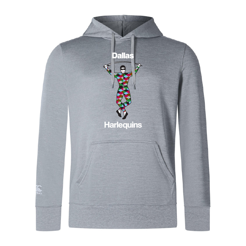 The Dallas Harlequins Club Lightweight Hoodie by WRS Canterbury features a Harlequin graphic with "Dallas" above and "Harlequins" below, plus a handy kangaroo pocket.