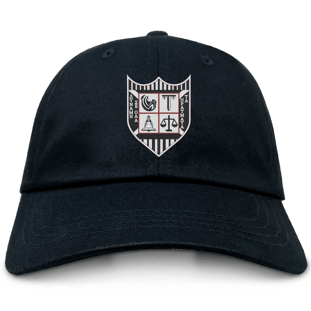 The Troy University Rugby Adult Low-Profile Cotton Twill Dad Cap by EMB S&S Activewear features a black twill build, a crest with various symbols, embroidered team branding, and vertical stripes on the front.