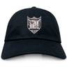 The Troy University Rugby Adult Low-Profile Cotton Twill Dad Cap by EMB S&S Activewear features a black twill build, a crest with various symbols, embroidered team branding, and vertical stripes on the front.