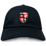 The Rye High School Rugby Adult Low-Profile Cotton Twill Dad Cap by EMB S&S Activewear features an embroidered multi-colored "Rye Rugby" crest with a dragon, lion, rugby post, and "Est 2014" on the front.