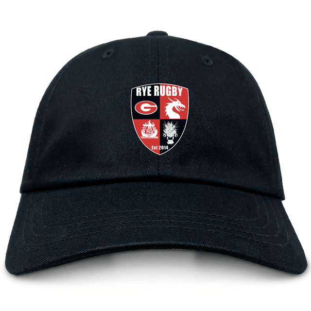The Rye High School Rugby Adult Low-Profile Cotton Twill Dad Cap by EMB S&S Activewear features an embroidered multi-colored "Rye Rugby" crest with a dragon, lion, rugby post, and "Est 2014" on the front.