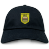 The Burger Boys RFC Adult Low-Profile Cotton Twill Dad Cap by EMB S&S Activewear features an embroidered yellow and green shield logo with "BURGER BOYS RFC FOUNDED 1940" and a hamburger graphic, made from quality cotton twill for comfort and durability.