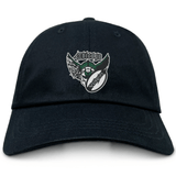 The Chicago Valkyries Adult Low-Profile Cotton Twill Dad Cap by EMB S&S Activewear features a black cotton twill build and an embroidered stylized "Chicago" logo with a winged baseball and bat graphic on the front.