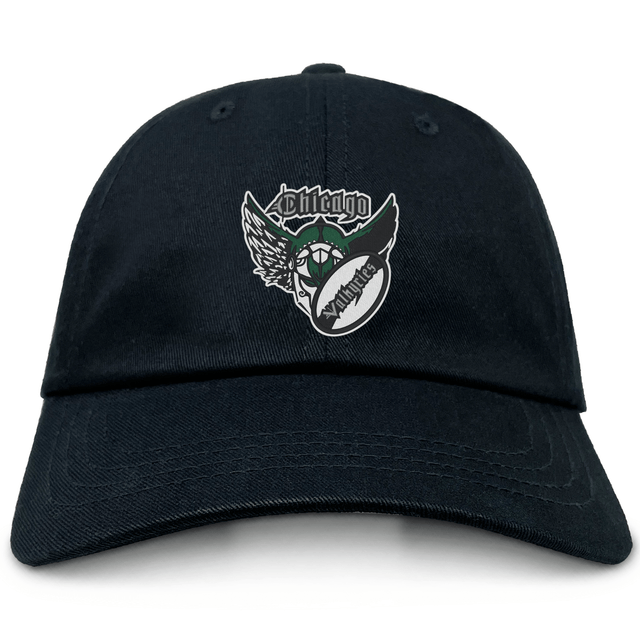 The Chicago Valkyries Adult Low-Profile Cotton Twill Dad Cap by EMB S&S Activewear features a black cotton twill build and an embroidered stylized "Chicago" logo with a winged baseball and bat graphic on the front.