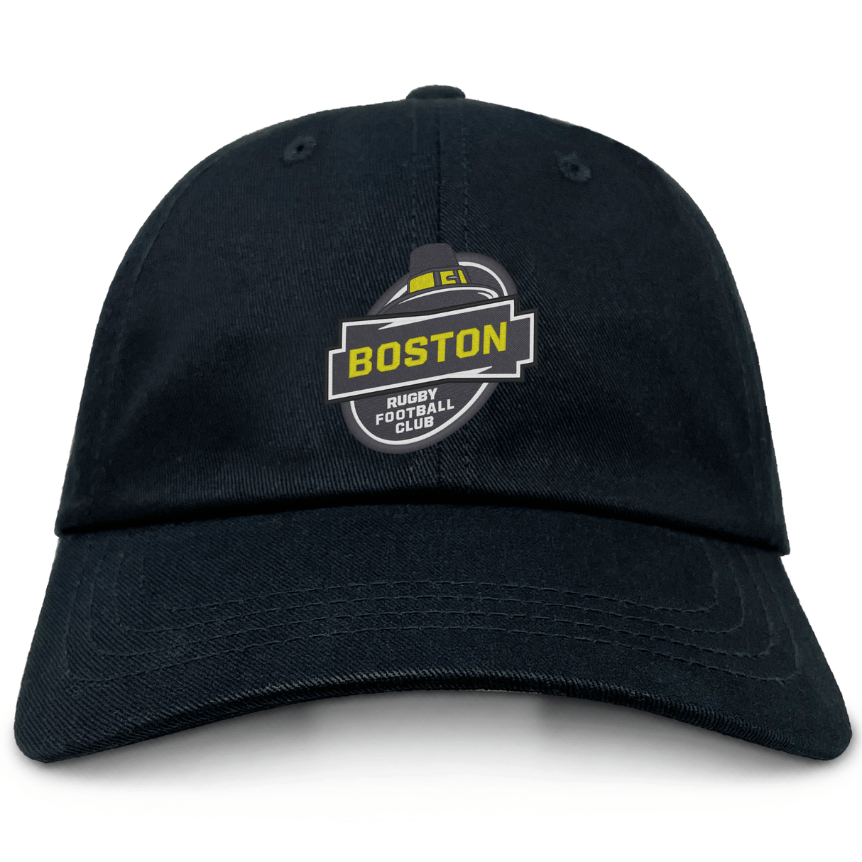 Black Boston RFC Adult Low-Profile Cotton Twill Dad Cap with a yellow and black EMB Alpha Broder logo embroidered on the front.