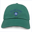 The Ireland Rugby 1875 Navy Logo Dad Cap by EMB S&S Activewear features "Ireland Rugby EST. 1875" and a blue shield with three shamrocks—an ideal accessory for any rugby fan.