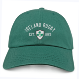 Show your support with the Ireland Rugby 1875 White Logo Dad Cap by EMB S&S Activewear, featuring a classic design with "Ireland Rugby Est. 1875" and shamrocks embroidered on the front.