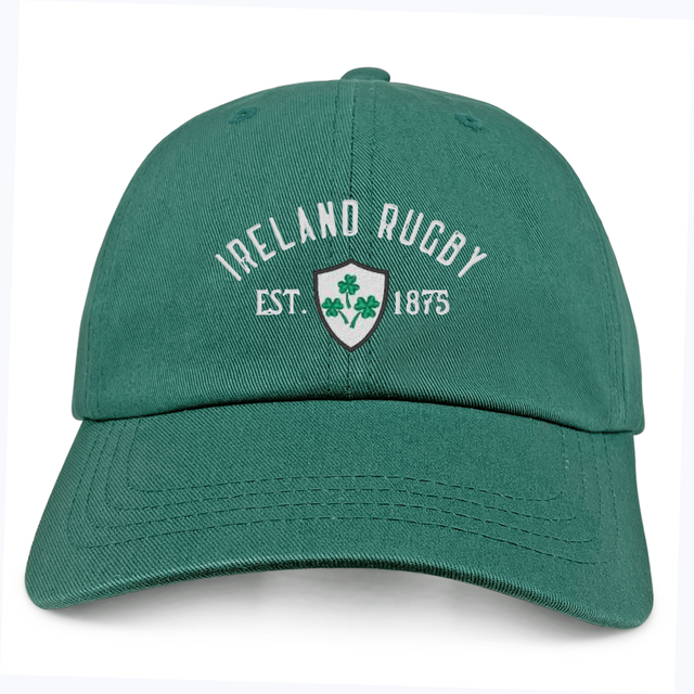 Show your support with the Ireland Rugby 1875 White Logo Dad Cap by EMB S&S Activewear, featuring a classic design with "Ireland Rugby Est. 1875" and shamrocks embroidered on the front.