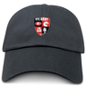 The Rye High School Rugby Adult Low-Profile Cotton Twill Dad Cap by EMB S&S Activewear features an embroidered "Rye Rugby" shield logo with symbols and "EST 2014" on the front.