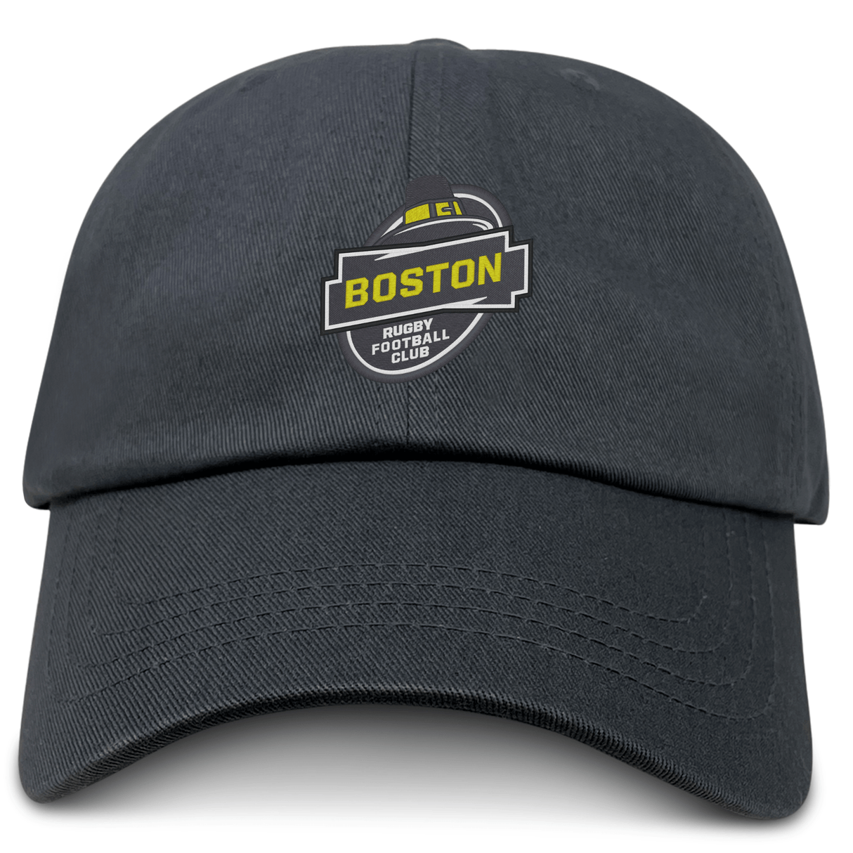 A dark gray Boston RFC Adult Low-Profile Cotton Twill Dad Cap with the logo of the Boston Rugby Football Club embroidered in yellow, black, and white on the front.