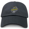 A dark gray Boston RFC Adult Low-Profile Cotton Twill Dad Cap with the logo of the Boston Rugby Football Club embroidered in yellow, black, and white on the front.