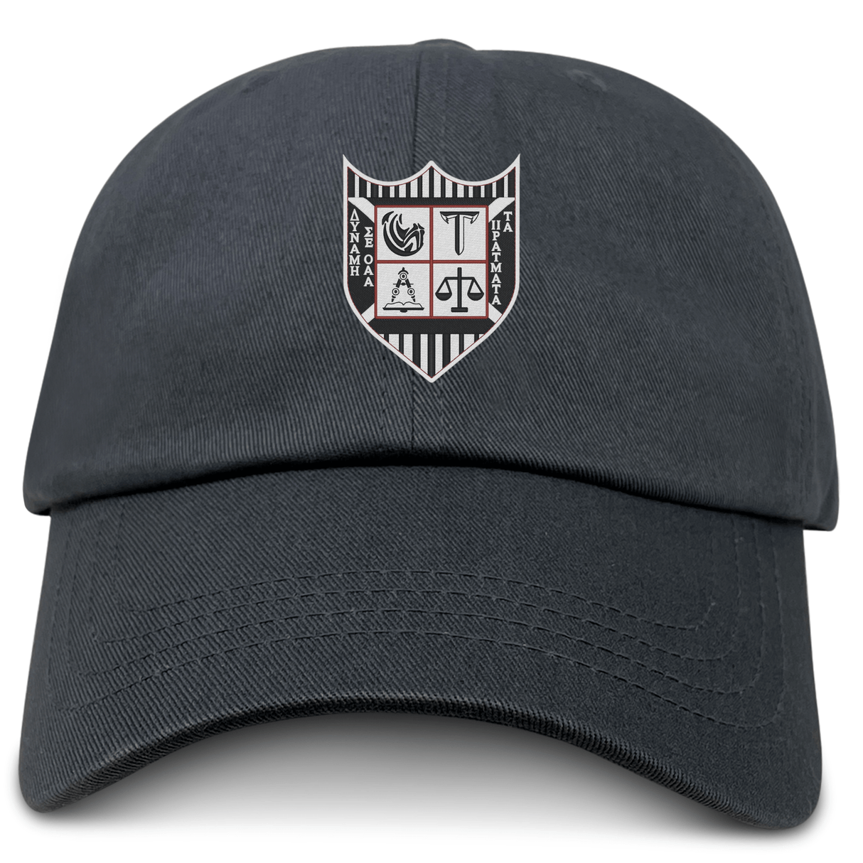The EMB S&S Activewear Troy University Rugby Adult Low-Profile Cotton Twill Dad Cap features a black cotton twill build with a front crest, vertical text, and embroidered team branding for added style.